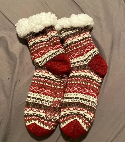 Muk Luks Fair Isle Holiday Fluffy Boot Socks Non Slip Red - Image 1