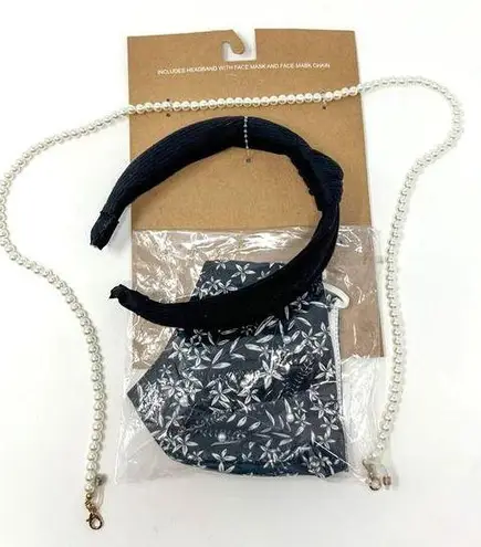 Berry Knotted Headband, Patterned Mask, and Pearl Mask Chain, Brand New Black