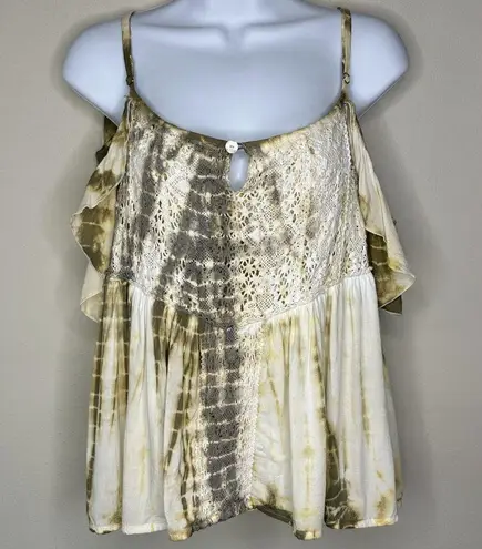 Tiare Hawaii Fluttery Cold Shoulder Ruffle Sleeves Top Size Medium Green/Cream