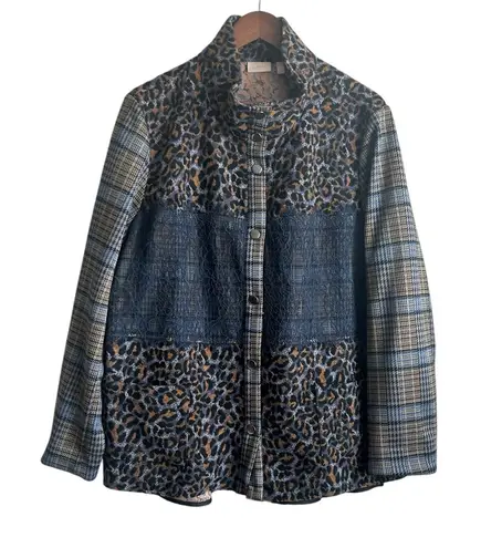 LOGO Lavish Women Shacket XL Patchwork Mix Media Front Snap Jacket Boho Western Blue