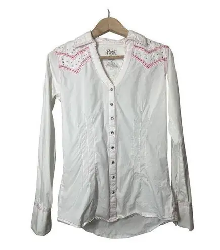 Wrangler  Rock 47 Cowgirl Shirt Snap Bling V-Neck Rodeo Western White Pink Small