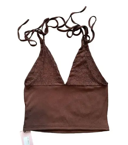 Micas  Women's Large Brown Patchwork Lace Tie V-Neck Cami Comfy Top