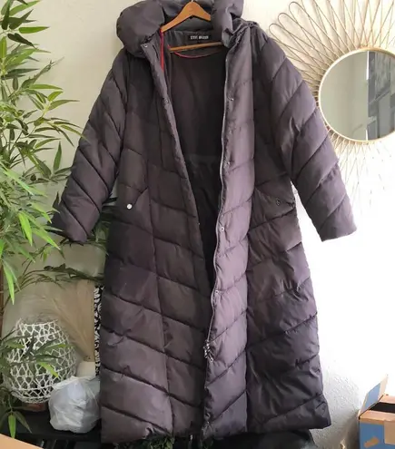 Steve Madden full length maxi grey puffer jacket w/hoodie long sleeve