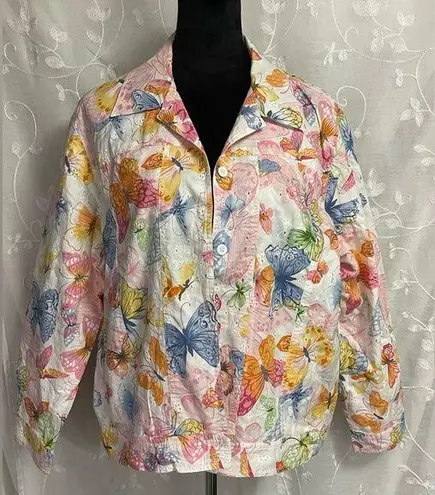 Alfred Dunner Eyelet Butterfly Lined Button Front Long Sleeve Jacket XL 16P EUC