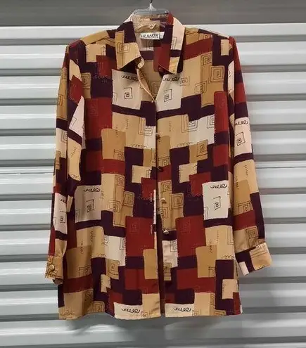 Liz Baker Vintage Shirt Women Large Red Gold Blouse Top Button Front