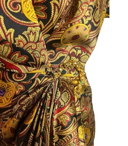 Vintage Richard Warren silk faux wrap structured gold buckle dress baroque Size M