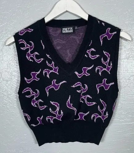 Pretty Damage Women M Black Purple Tribal Flame Sweater Vest Cropped V