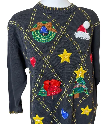 Vtg Womens Christmas Sweater Large Victoria Harbour Holiday Appliqué Embroidered Black