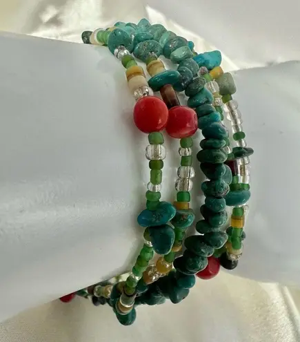 Peyote Bird sterling silver turquoise and coral multi strand bracelet Blue