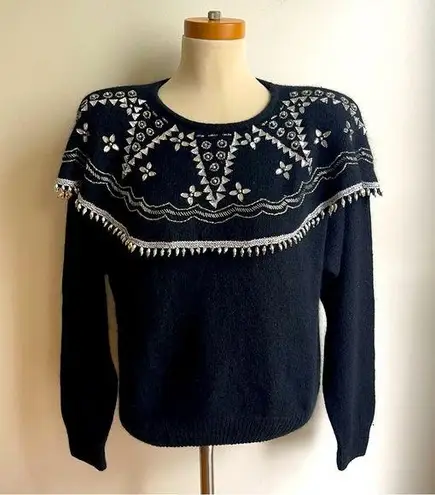 Forenza Vintage 80s Beaded Sweater Angora Silk Black Silver Rhinestone Large