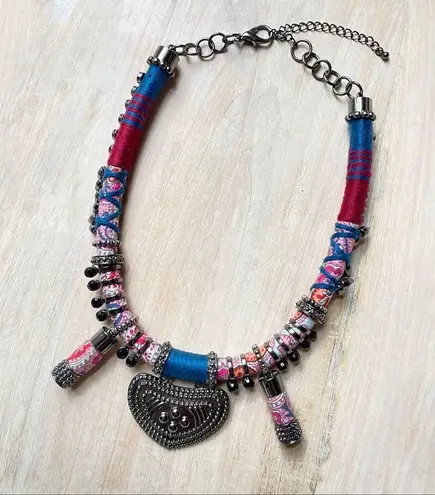 Tribal Boho Fabric, String and Metal Necklace Blue