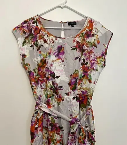 The Limited Lilac Lavender Purple Gray ish Floral Satin Cap Sleeve Belted Dress