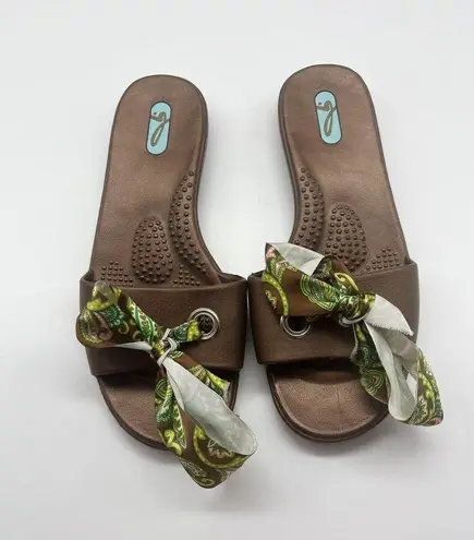 OkaB Oka Bee Brown Madison Slides Green Paisley Print Bow Slip On Sandals Small Size 6