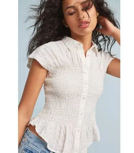 Maeve Anthropologie Bellamy Button Down Smocked Shirt Cotton Linen in White XS
