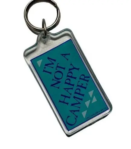 Novelty Acrylic Kalan Keychain Not Happy Camper Humor Vintage Keyring 222 u Y2K Blue