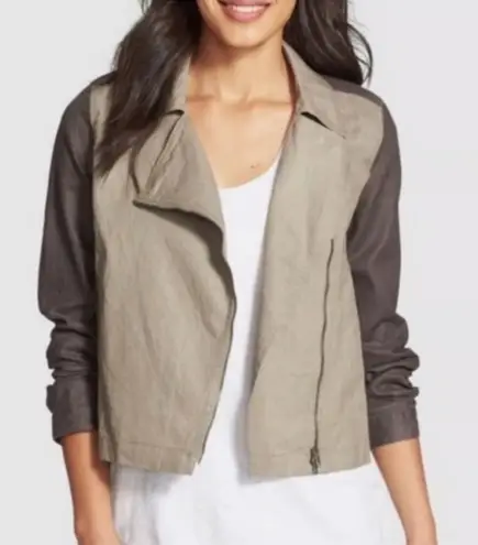 Eileen Fisher Organic Linen Moto Jacket Gray Colorblock Small