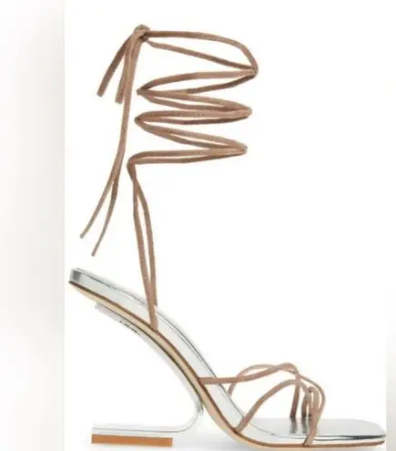 Jeffrey Campbell New!  Bijoux Ankle Tie Wedge Sandal Taupe Suede Silver Sz 7 $170 - Image 4