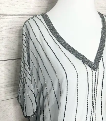 Vintage Sheer Beaded Silver Gray Dolman Sleeve Blouse Top Shawl One Size Size M