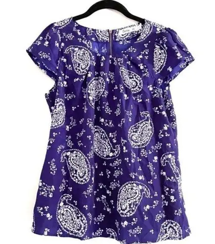 Sunny Girl Blouse M Paisley Floral Royal Blue White Cap Sleeve Lightweight Shirt Size M