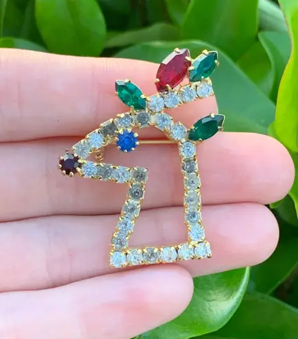 Vintage Christmas Reindeer Head Brooch Pin w/ Gems Gold