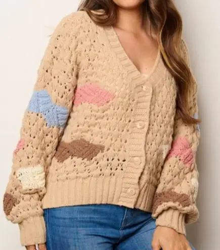 New In Taupe Colorblock Crochet Knit Button Down V neck Sweater Cardigan Size M Tan Size M - Image 1