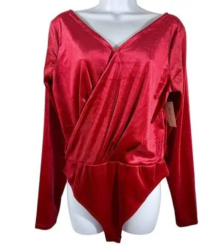 Maison Jules  Women's SZ L NWT Thong Stretch Velour Red Polyester Bodysuit