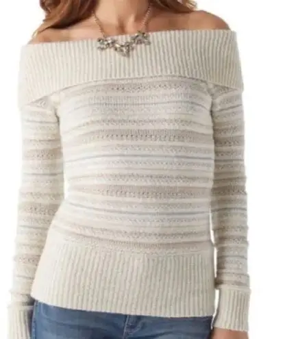 White House | Black Market WHBM • Knit Sweater • Off Shoulder • Striped • Ivory • Metallic • Christmas • XS