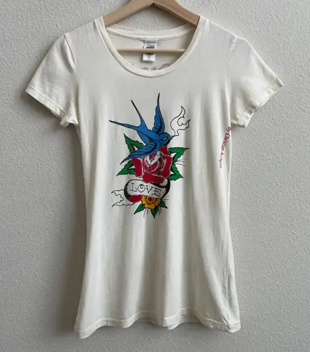 Ed Hardy Vintage Y2K Creme Blue Bird Rose “Love” Tattoo Graphic Short Sleeve Tee