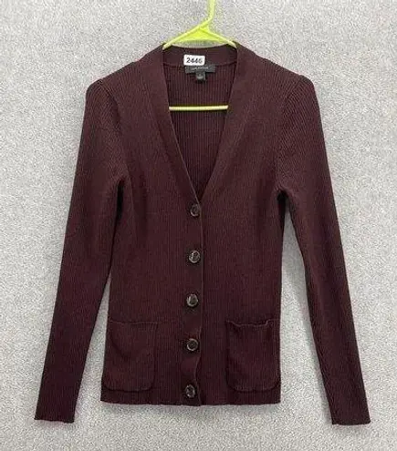 Ann Taylor  Women's Cardigan Sweater Burgundy Size Large Ribbed Wool Blend