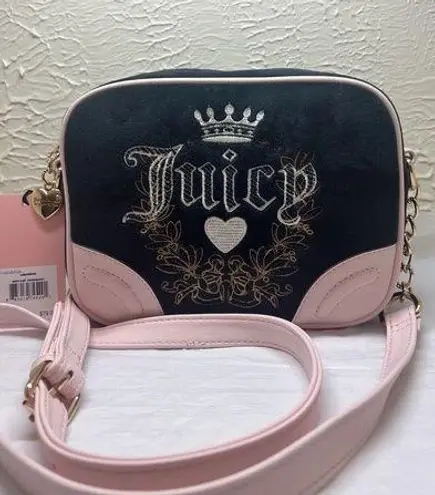 Juicy Couture  Y2K Liquorice Heritage Crossbody Black And Pink Velour Bag NWT