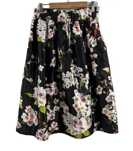 CHOiES Choie Black Floral Print Satin A-Line Skirt Elastic Waist Lined Estimated Small