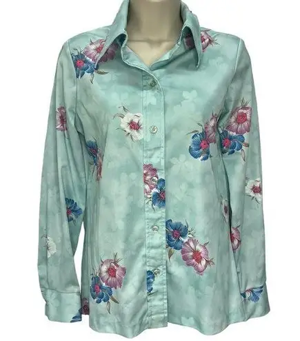 Vintage Nikki Button Down Blouse Teal Floral 70s Size M Long Sleeve Disco Blue Size M