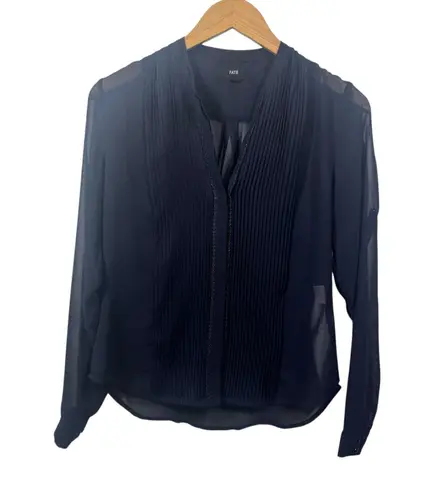 Fate Top Women XS Blue Pin tuck Sheer Button Up Blouse Long Sleeve Officecore