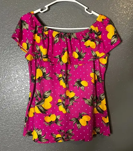 Women’s Lemon Print Off Shoulder Ruffle Peasant Top Pink Polka Dot XL