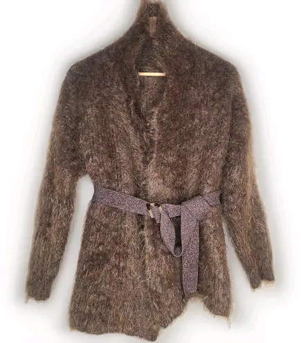 Vintage Brown Long Hair MOHAIR Blend Open Cardigan Sweater Knit Belt Fuzzy Size M