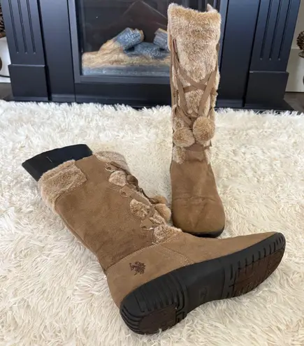 US Polo Assn Womens Boots 10 Brown Faux Suede Fur Trim PomPom Accents