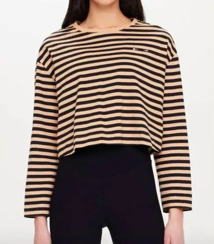 The Upside Tan & Black Striped Long Sleeve Crop 100% Cotton Shirt Size XL Brown