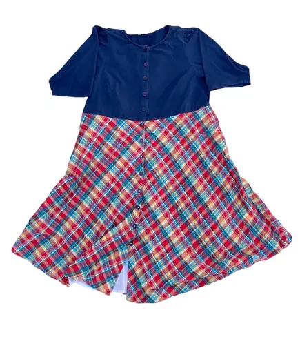 Eshakti Zapelle Custom Navy Blue Red Button Up Madras Dress Dull Skirt Retro 4X