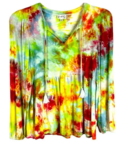 Wonderly Medium Top Confetti Cascade Tie Dye Handmade Peplum Green Pink 1152