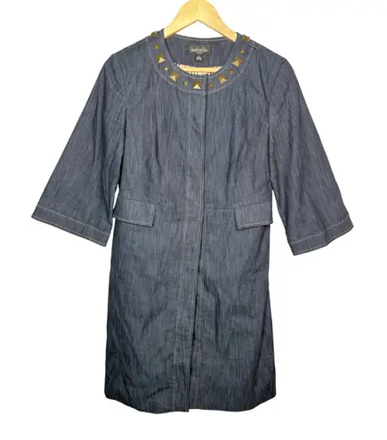 Isabella Suits Denim Studded Collar Trench Coat Jacket 3/4 Sleeve Women Size 6 Blue