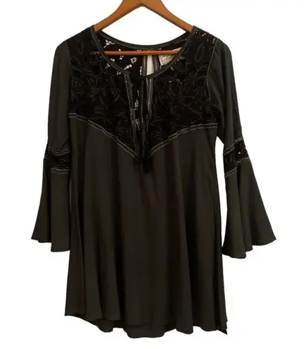 Cleobella Lili Bohemian Hippie Bell Sleeve DeepV Mini Dress in Gunmetal Gray S