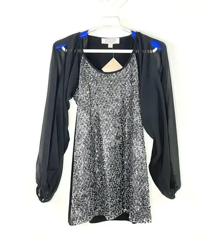 Badgley Mischka American Glamour Women Small Sequin Split Sleeve Blouse Black