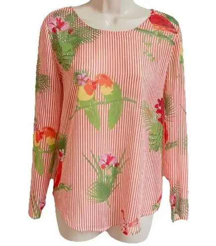 NEW Lemon Way Striped Tropical Lightweight Scoop Neck Long Sleeve Blouse Top XS Orange