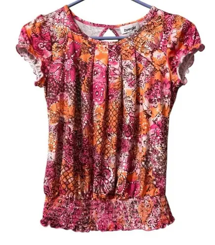 A Byer byer Girl Women Short Sleeve Top Size Large Elastic Floral Colorful Hippie Retro