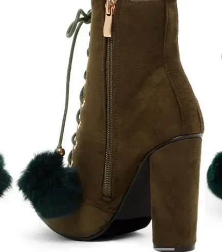 Catherine Malandrino Olive Green Fur Pom Pom Ankle Bootie