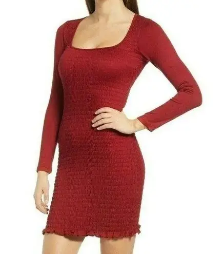 Row A Deep Red Smocked Square Neck LongSleeve Bodycon MiniDress. NWT.