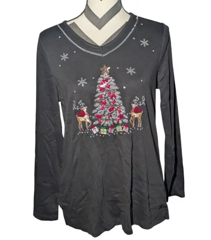 Quacker Factory by Jeanne Bice Sequin Reindeer Christmas Tree Holiday Top S Black