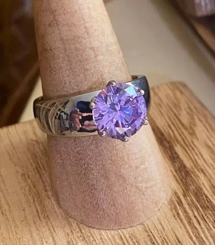 Amethyst High polished Stainless Steel Ring with AAA Grade CZ Size 9