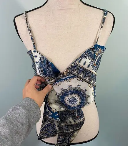Cider Women's Bandana Blue Paisley Tie Front Cropped Top Size L NWT
