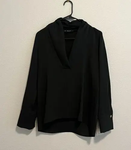 ZARA Basic Black Long Sleeve Shawl V Neck High Low Pullover Blouse Top Size S